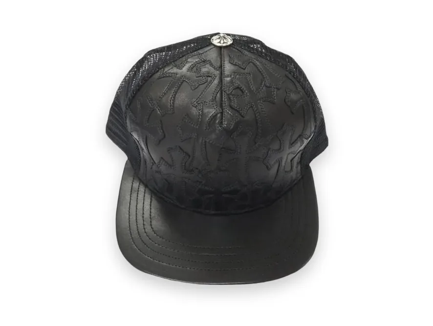 Chrome Hearts Cemetary Cross Leather Stitched Trucker Black Hat 1