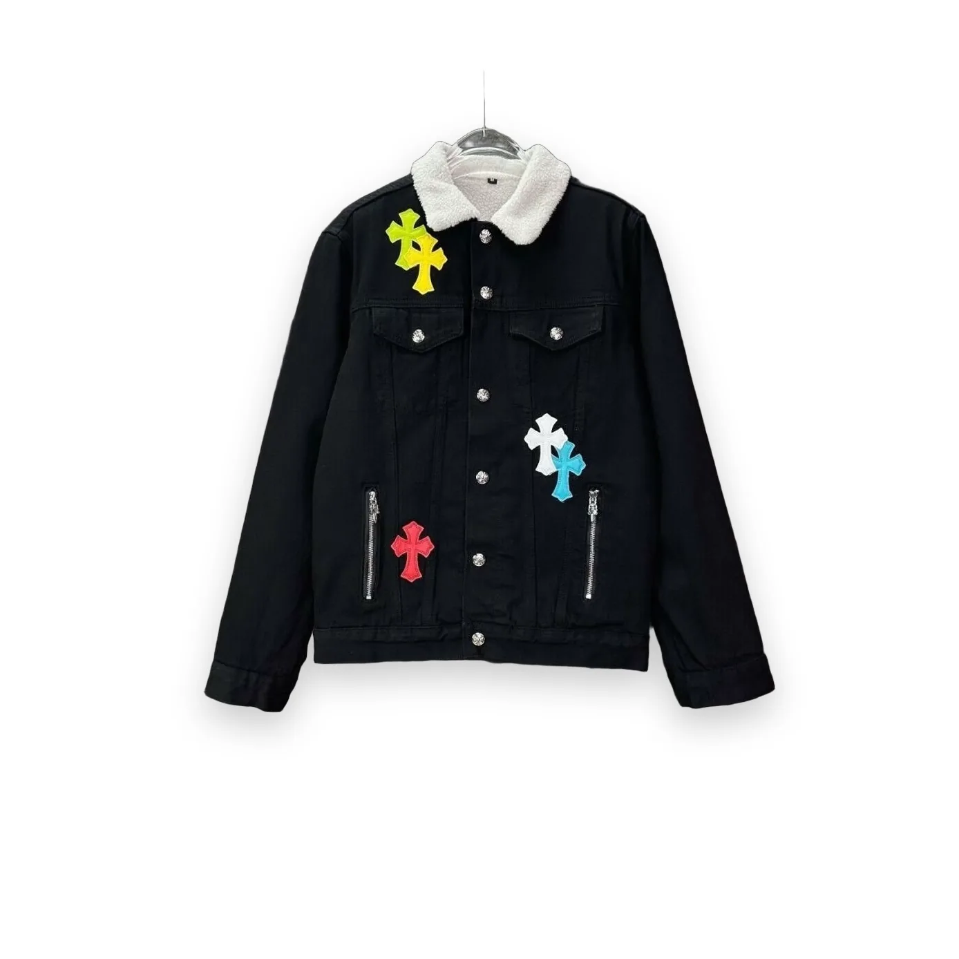 Chrome Hearts Denim Jacket With White Collar & Cross Patches 1