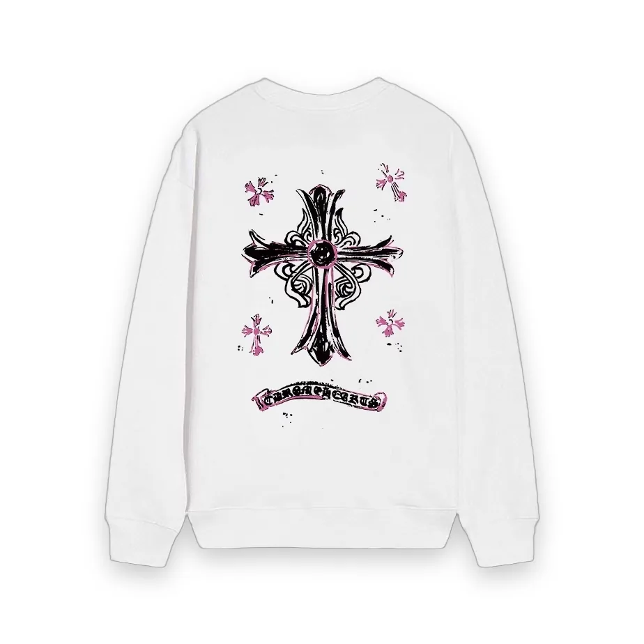 Chrome Hearts Pink Horseshoe Cross Long Sleeve White 1